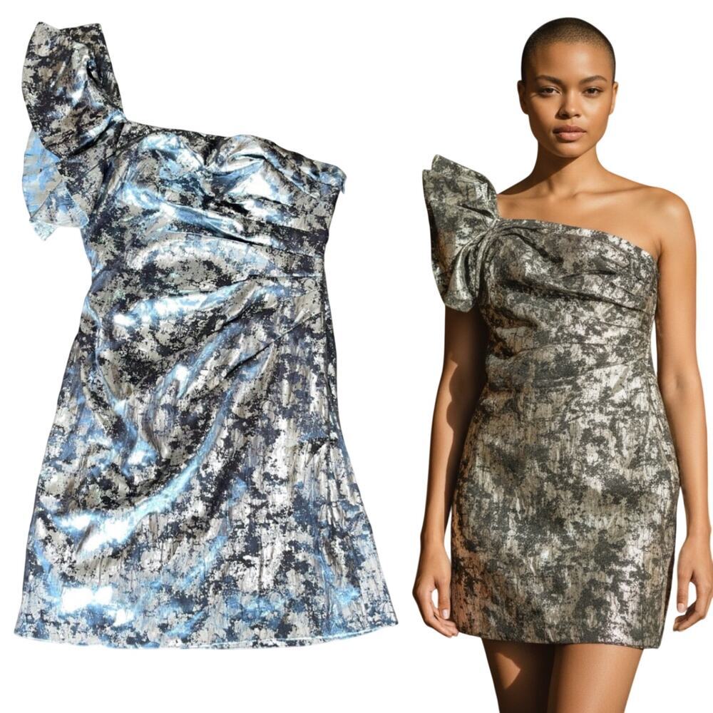 One Shoulder Y2K Dress Ruffle Ruched Metallic - Picture 9 of 10